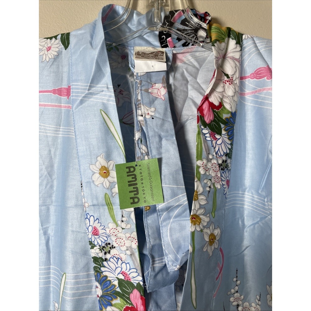 Amita Kyoto Tokyo 100% Cotton Blue Floral Kimono Women's Large NWT - Picture 2 of 11